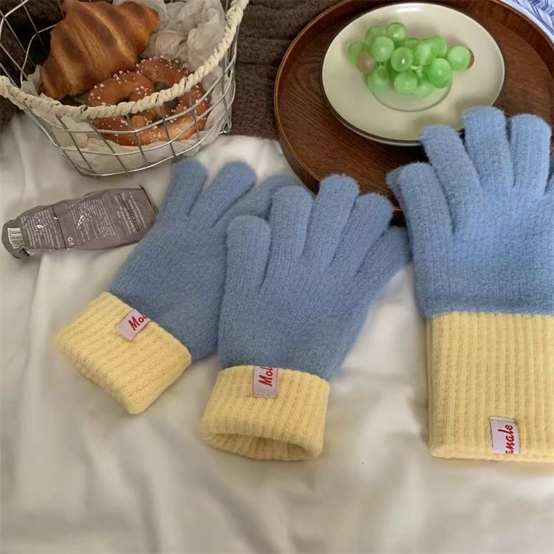 Color Block Ribbed Cuff Knit Gloves - Blue