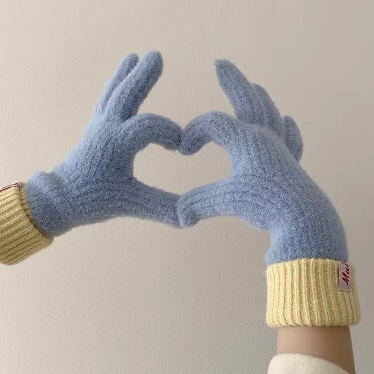 Color Block Ribbed Cuff Knit Gloves - Blue - 1