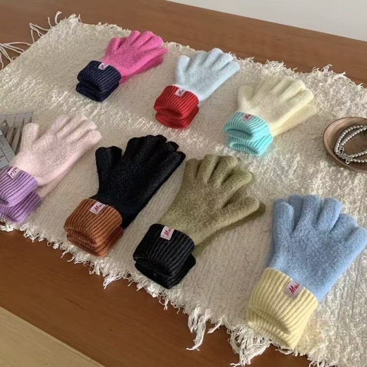 Color Block Ribbed Cuff Knit Gloves - Blue - 2