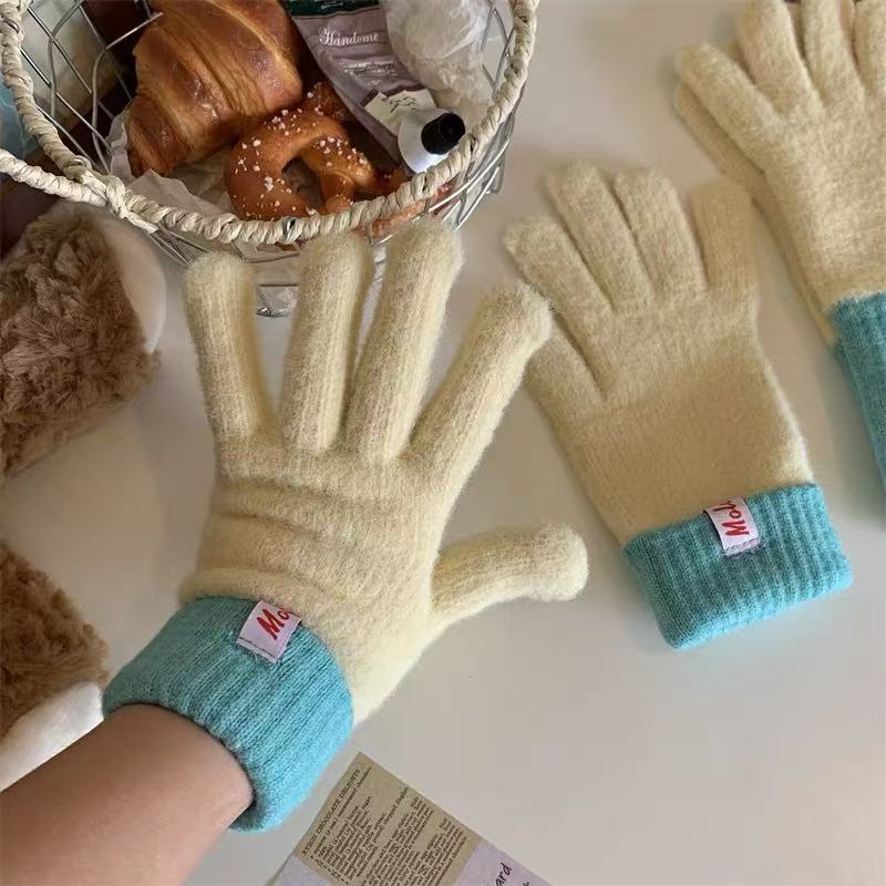 Color Block Ribbed Cuff Knit Gloves - Cream