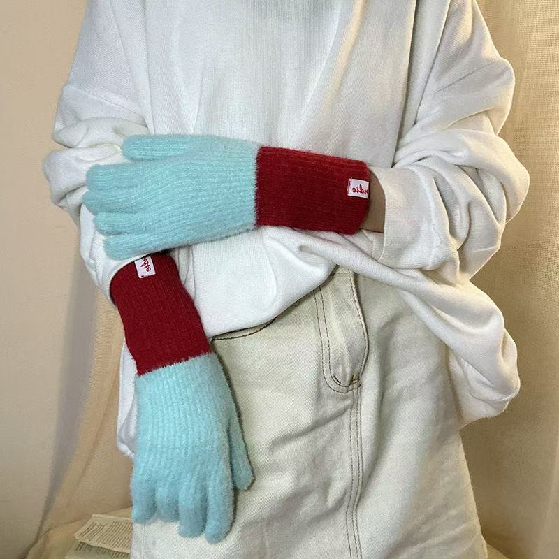 Color Block Ribbed Cuff Knit Gloves - Mint