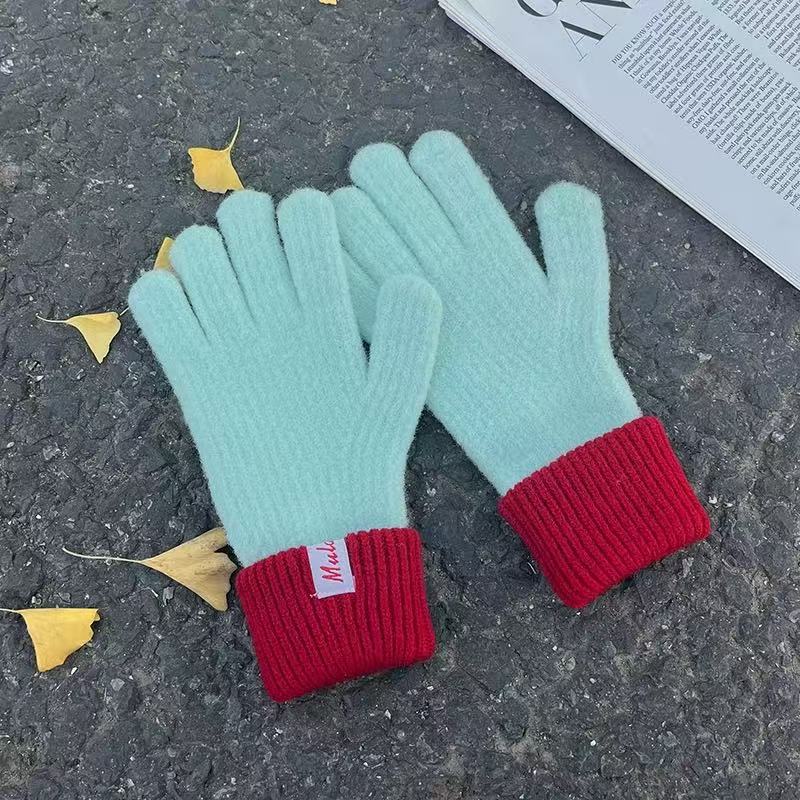 Color Block Ribbed Cuff Knit Gloves - Mint - 1