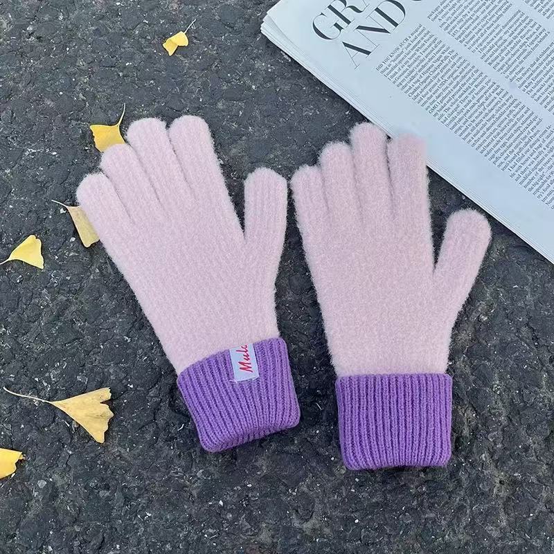 Color Block Ribbed Cuff Knit Gloves - Purple