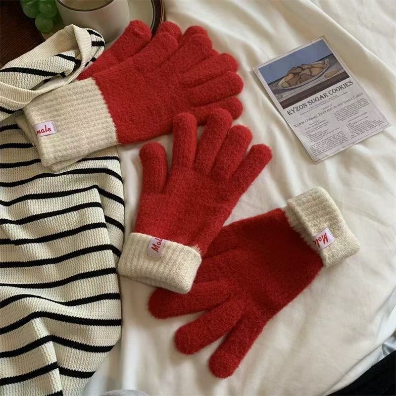 Color Block Ribbed Cuff Knit Gloves - Red