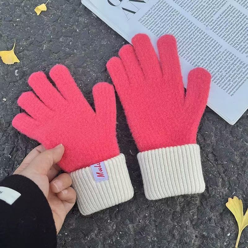 Color Block Ribbed Cuff Knit Gloves - RoseRed