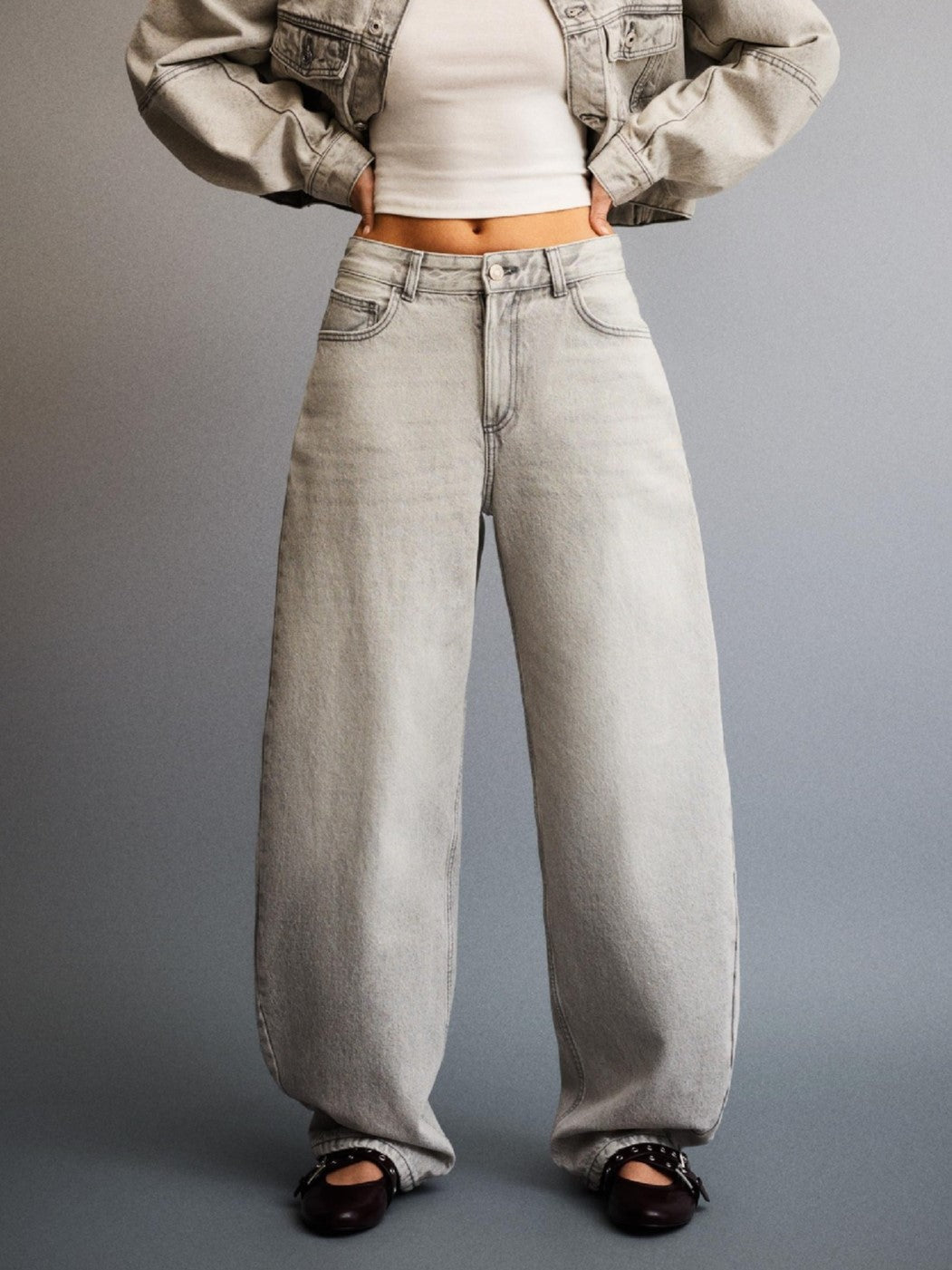 High Waist Barrel Leg Baggy Jeans - Ash