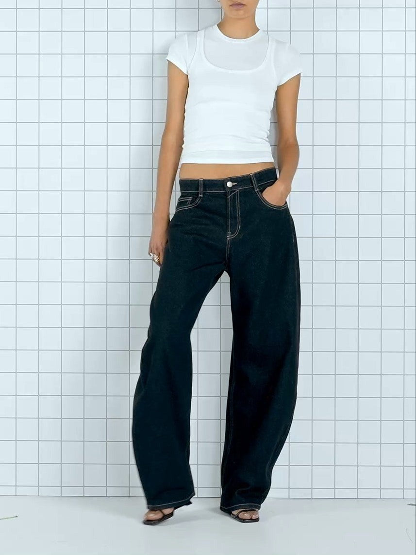 High Waist Barrel Leg Baggy Jeans - Black - 2