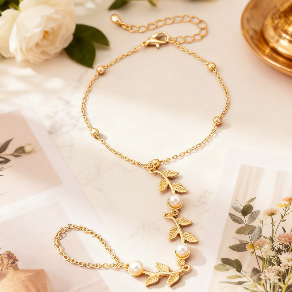 Dainty Leaf Chain Bracelet With Ring - Gold