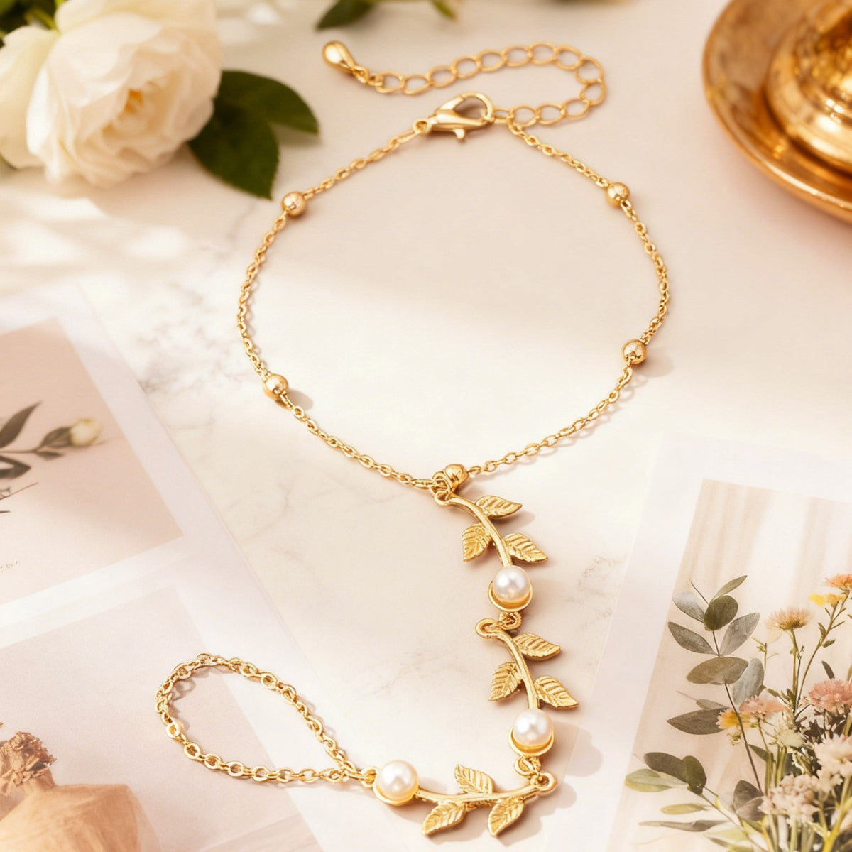 Dainty Leaf Chain Bracelet With Ring - Gold