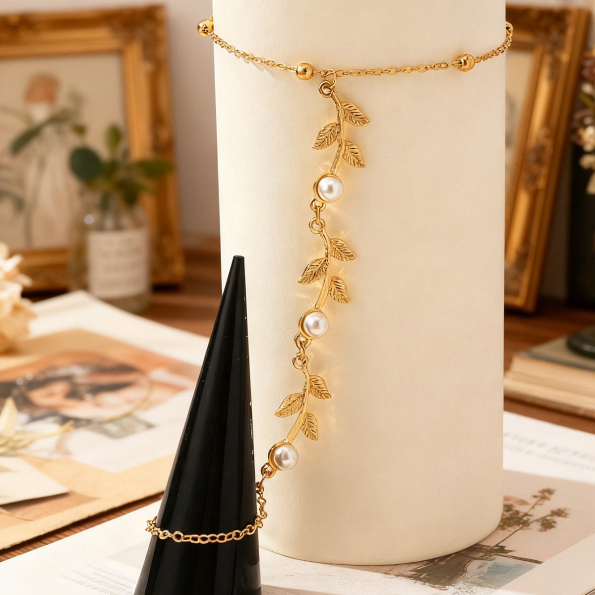 Dainty Leaf Chain Bracelet With Ring - view 1