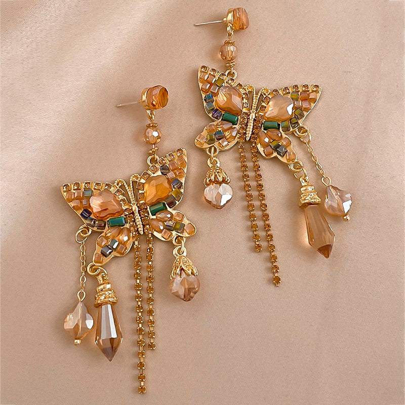 Rhinestone Butterfly Chain Fringe Earrings - Color