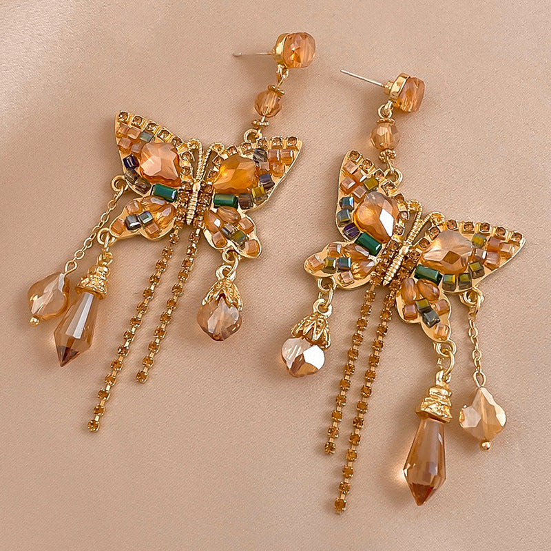 Rhinestone Butterfly Chain Fringe Earrings - Color - 1