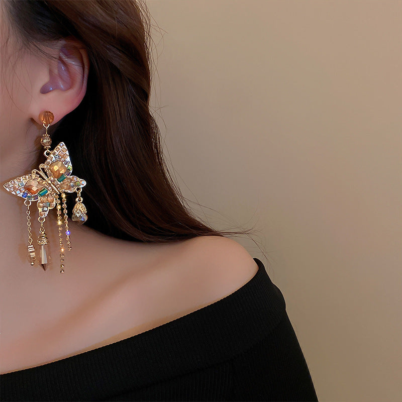 Rhinestone Butterfly Chain Fringe Earrings - Color - 2