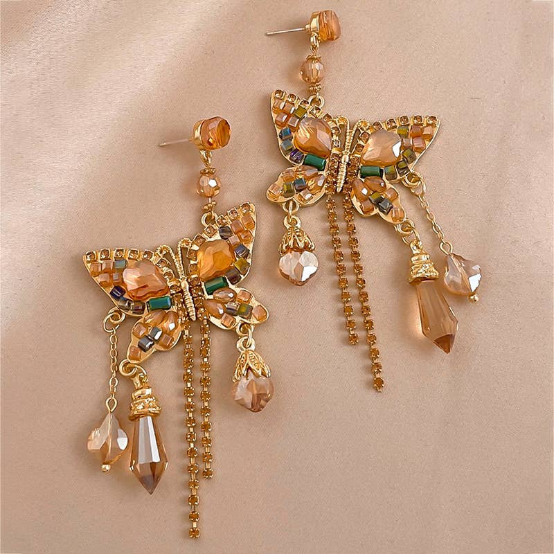 Rhinestone Butterfly Chain Fringe Earrings