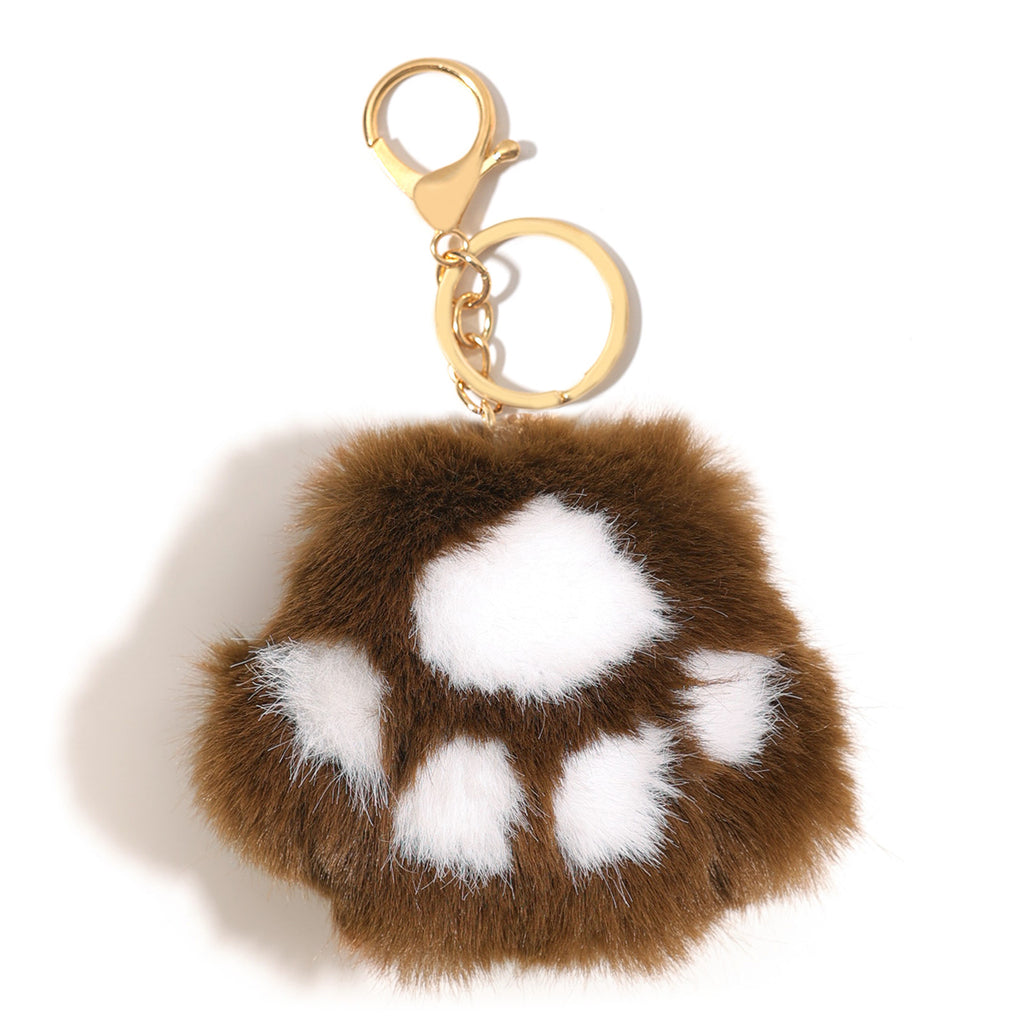 Plush Cat-Paw Pom-Pom Bag Charm Keyring - Coffee