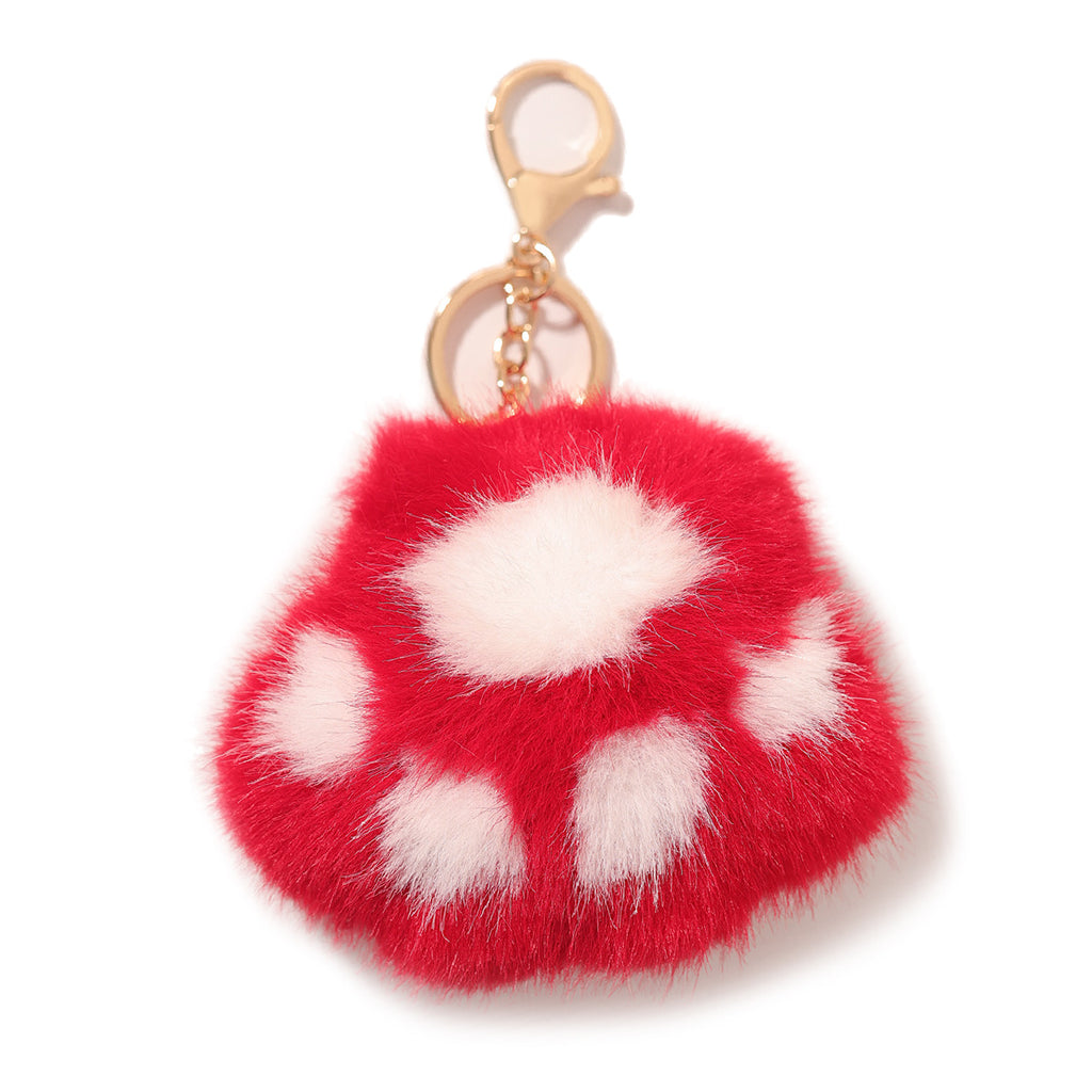Plush Cat-Paw Pom-Pom Bag Charm Keyring - Red