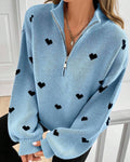 Quarter Zip Heart Knit Sweater With Stand Collar - Blue
