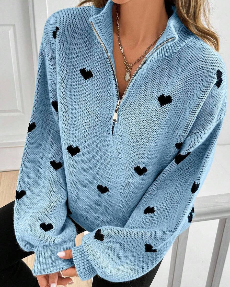 Quarter Zip Heart Knit Sweater With Stand Collar - Blue