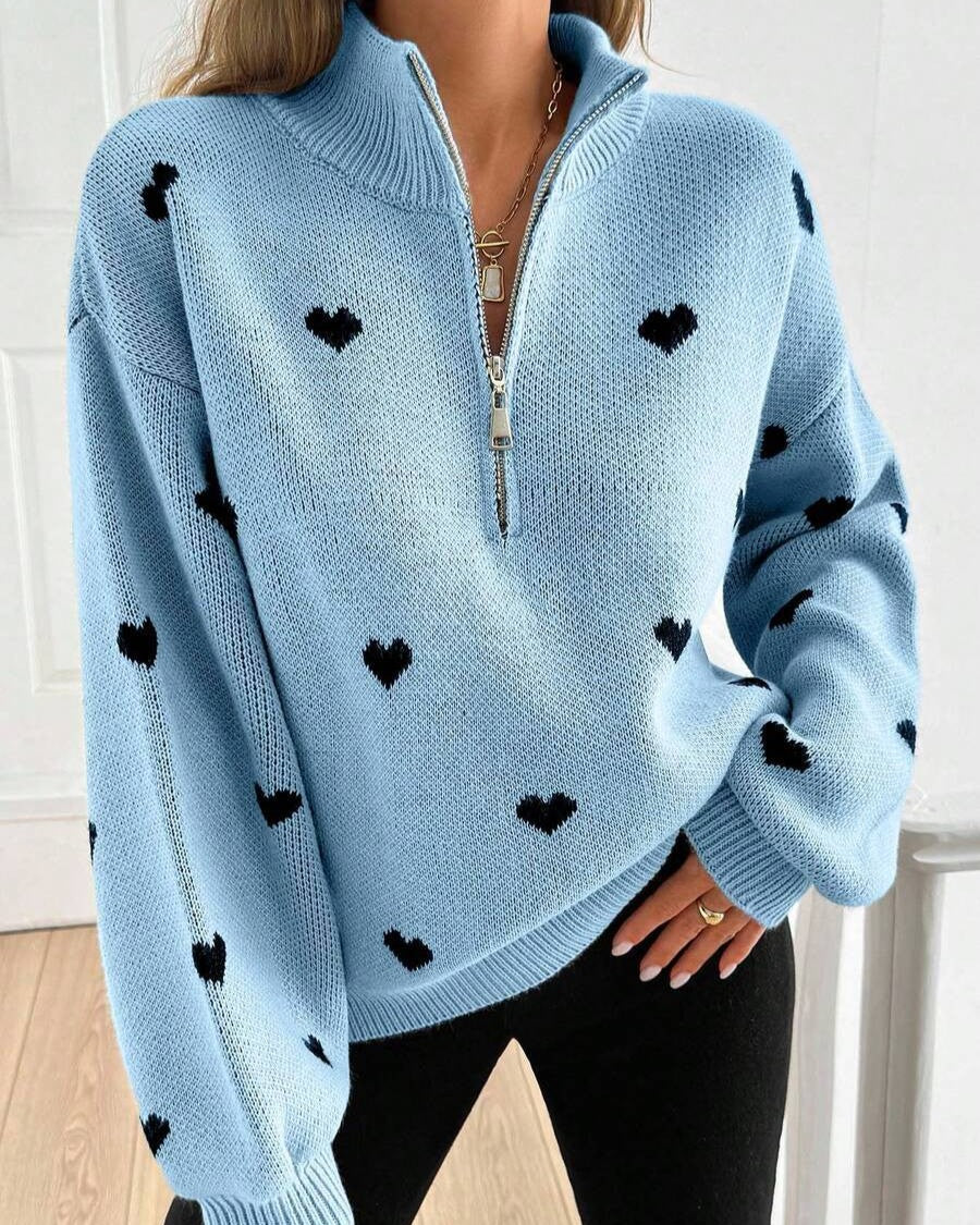 Quarter Zip Heart Knit Sweater With Stand Collar - Blue - 1