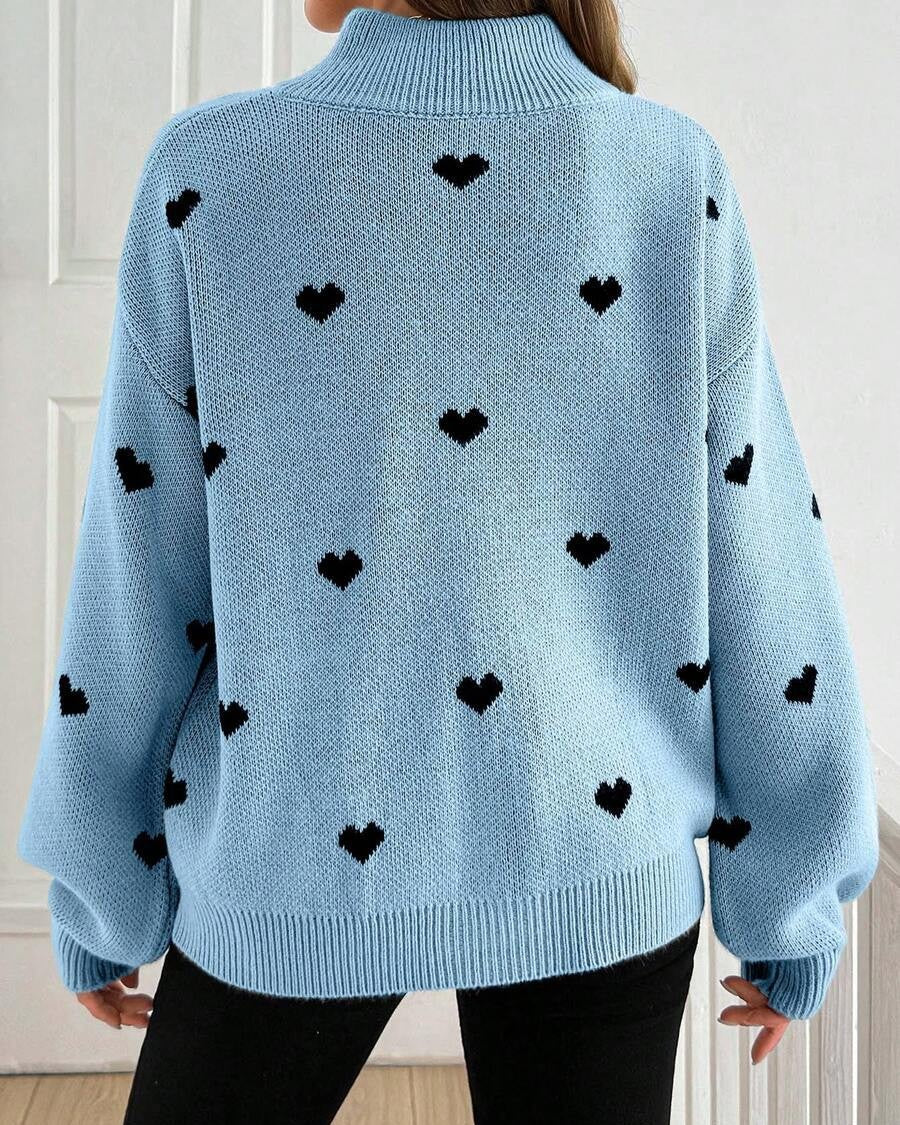 Quarter Zip Heart Knit Sweater With Stand Collar - Blue - 2