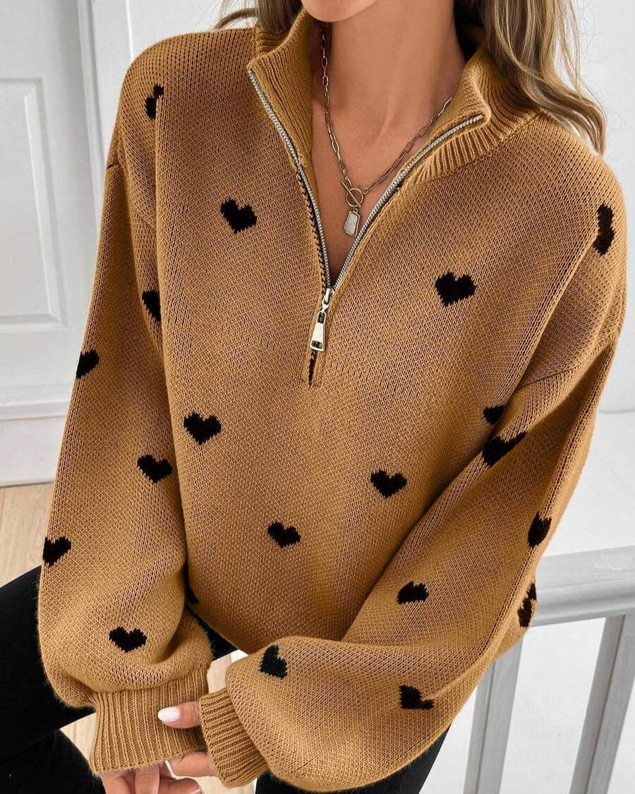 Quarter Zip Heart Knit Sweater With Stand Collar - Caramel