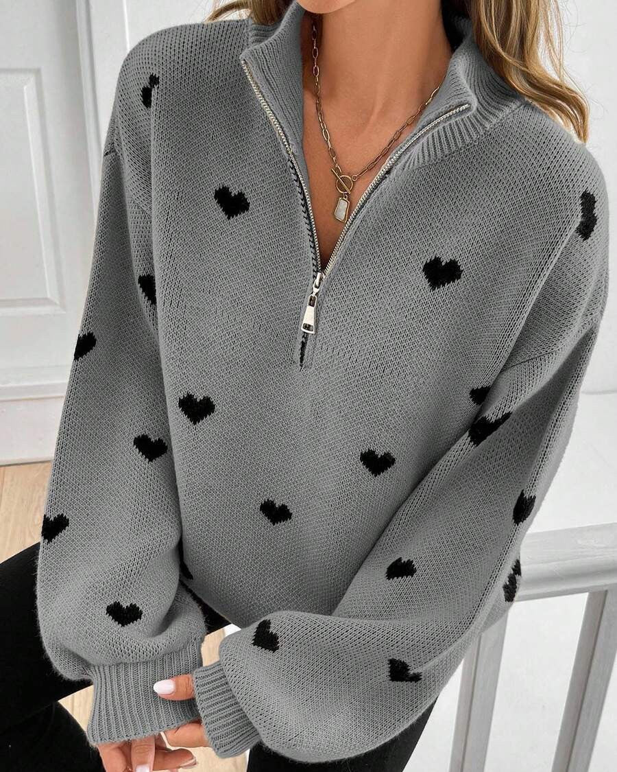 Quarter Zip Heart Knit Sweater With Stand Collar - Grey