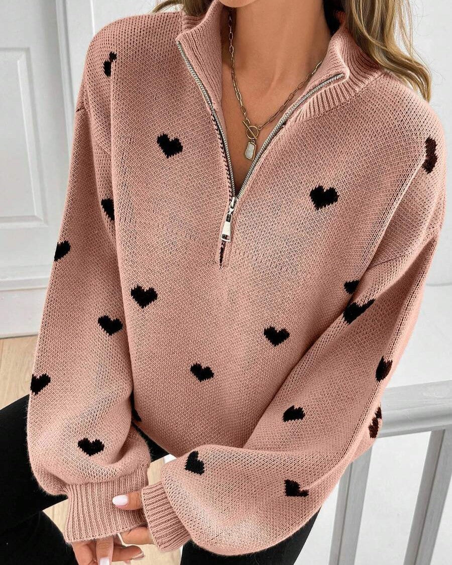 Quarter Zip Heart Knit Sweater With Stand Collar - Pink