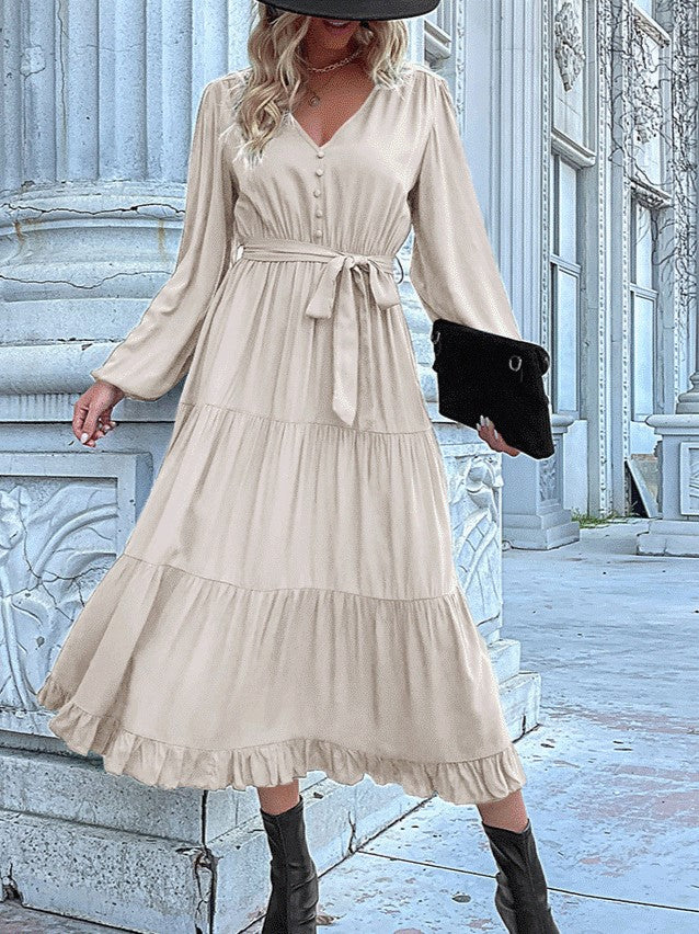 Button Bodice Tie Waist Tiered Midi Dress - Apricot