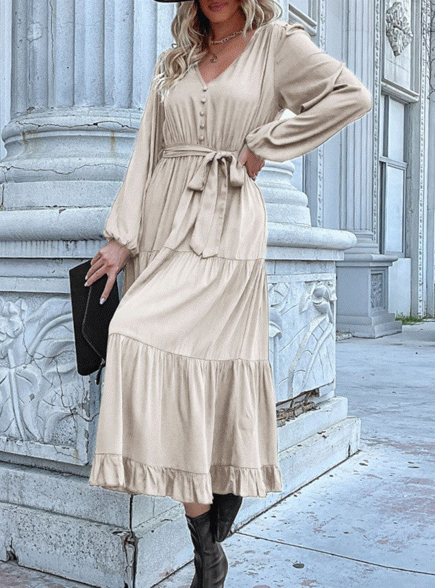 Button Bodice Tie Waist Tiered Midi Dress - Apricot - 1