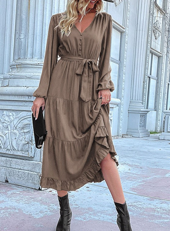Button Bodice Tie Waist Tiered Midi Dress - Brown