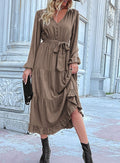 Button Bodice Tie Waist Tiered Midi Dress - Brown