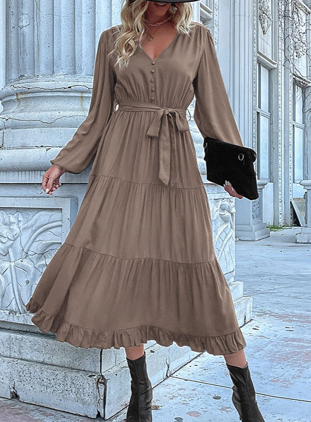 Button Bodice Tie Waist Tiered Midi Dress - Brown - 1