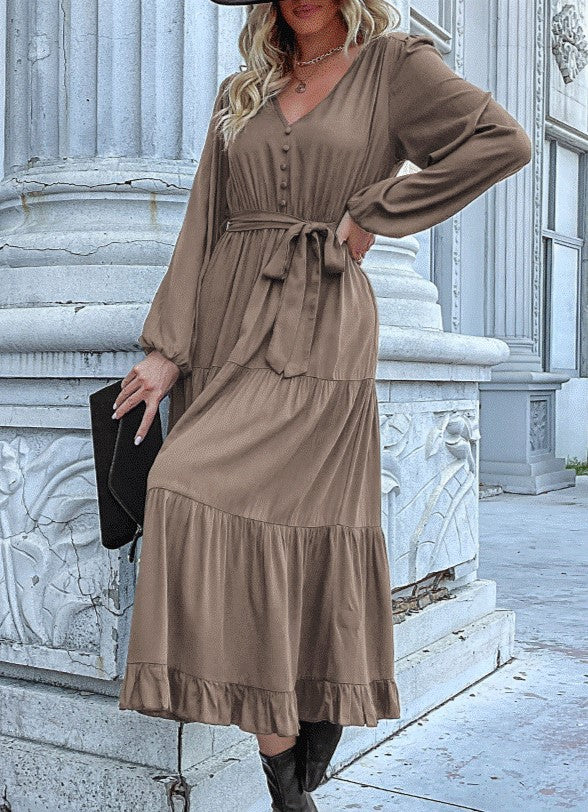 Button Bodice Tie Waist Tiered Midi Dress - Brown - 2
