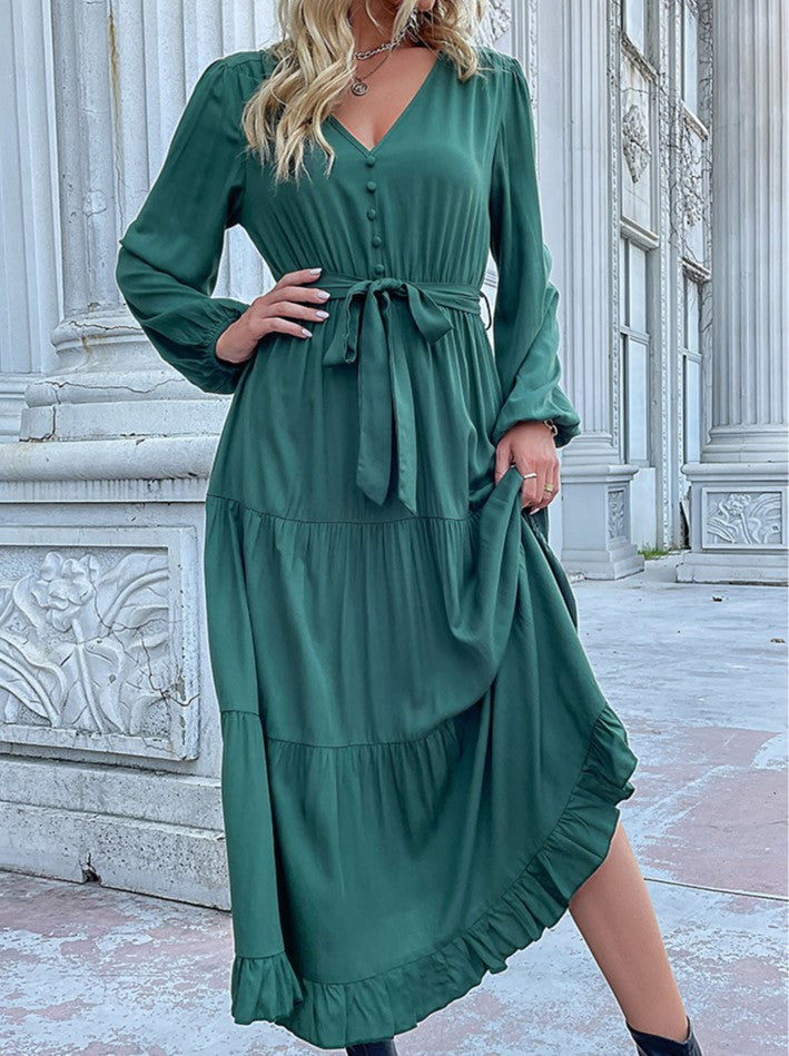 Button Bodice Tie Waist Tiered Midi Dress - Green