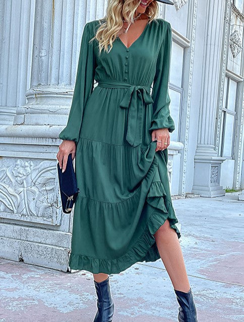 Button Bodice Tie Waist Tiered Midi Dress - Green - 1
