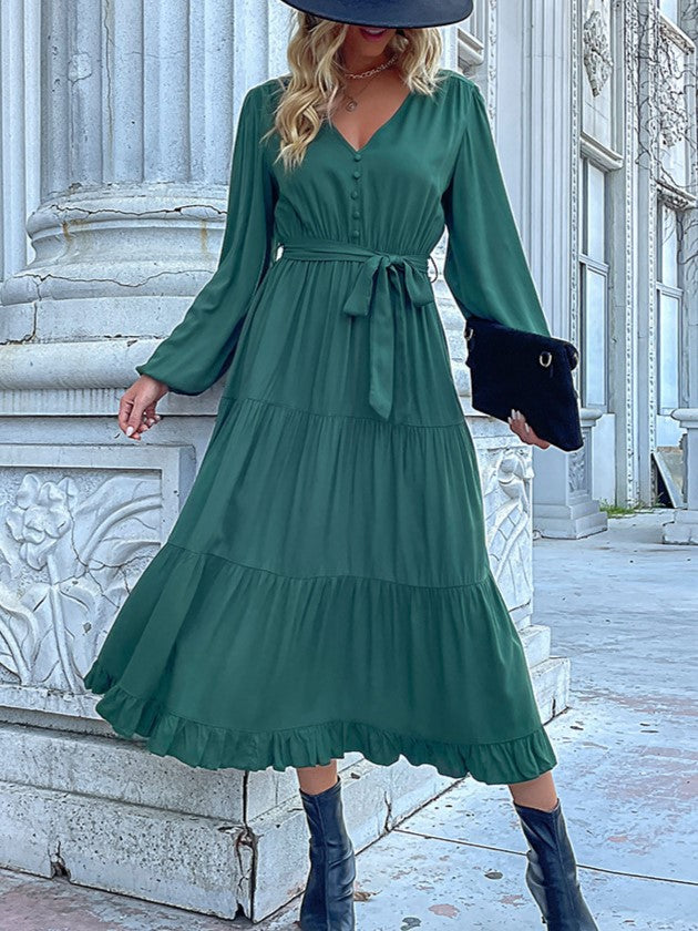 Button Bodice Tie Waist Tiered Midi Dress - Green - 2