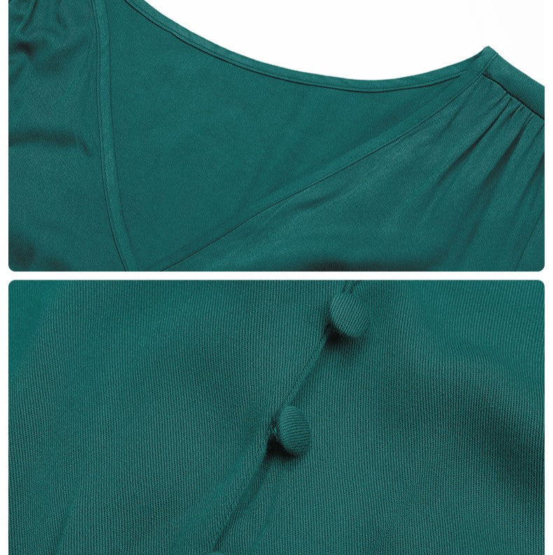Button Bodice Tie Waist Tiered Midi Dress - Green - 3