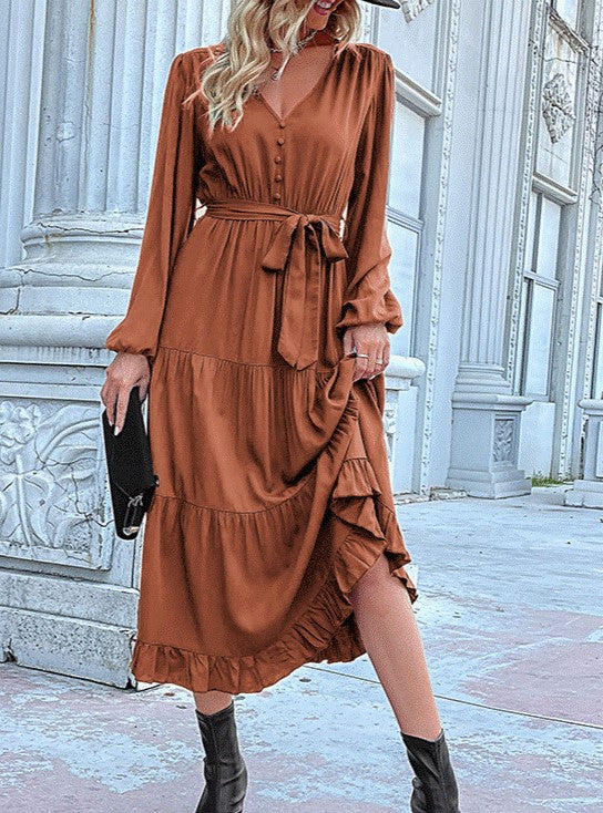 Button Bodice Tie Waist Tiered Midi Dress - Orange