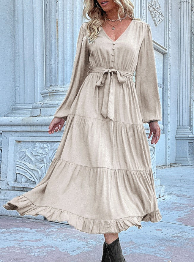 Button Bodice Tie Waist Tiered Midi Dress - view 1