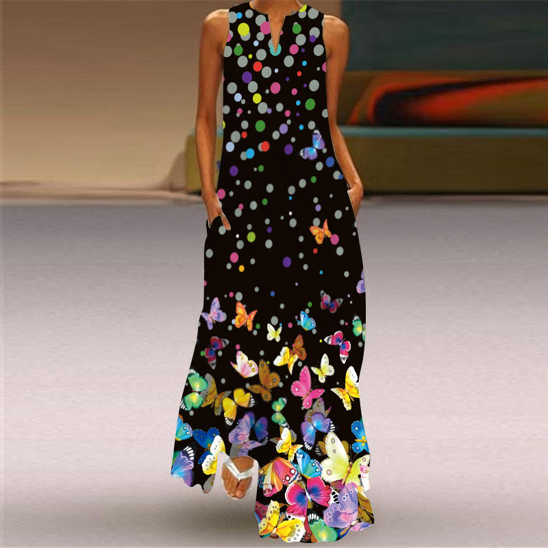 Sleeveless Split Neck Printed Maxi Sundress - Color_01