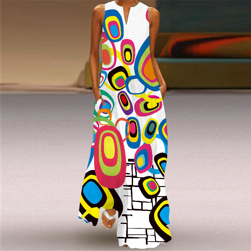 Sleeveless Split Neck Printed Maxi Sundress - Color_04