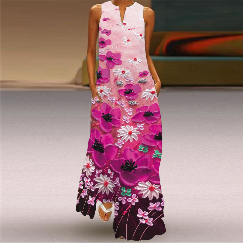 Sleeveless Split Neck Printed Maxi Sundress - Color_06