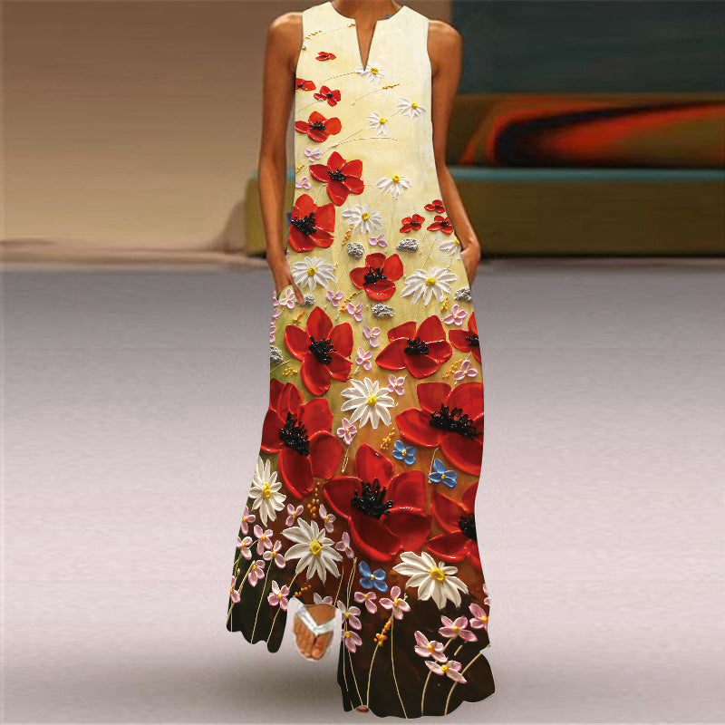 Sleeveless Split Neck Printed Maxi Sundress - Color_08