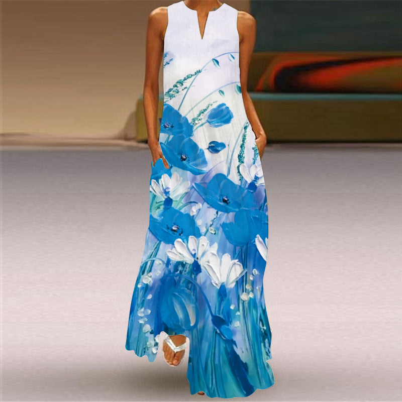 Sleeveless Split Neck Printed Maxi Sundress - Color_09