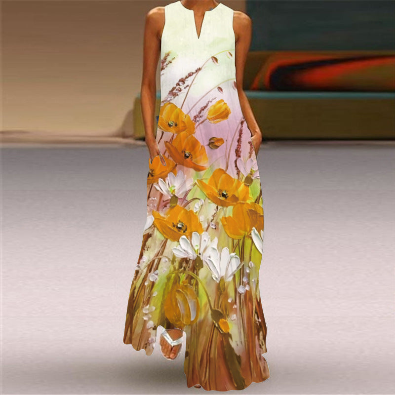 Sleeveless Split Neck Printed Maxi Sundress - Color_10