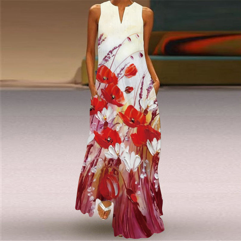 Sleeveless Split Neck Printed Maxi Sundress - Color_11