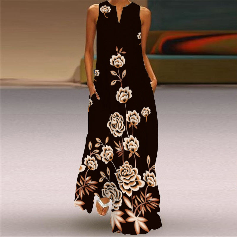 Sleeveless Split Neck Printed Maxi Sundress - Color_14