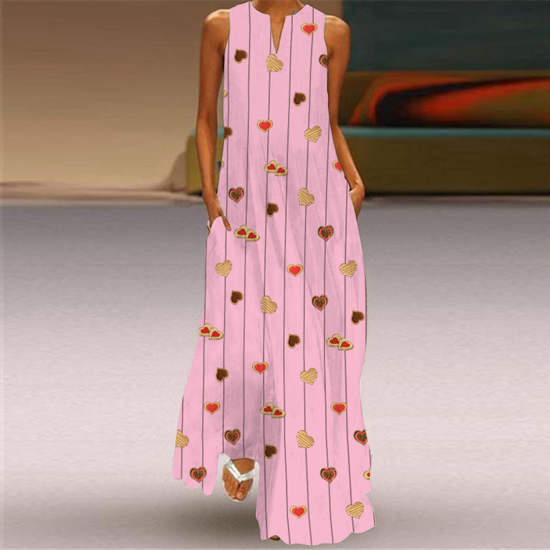 Sleeveless Split Neck Printed Maxi Sundress - Color_17