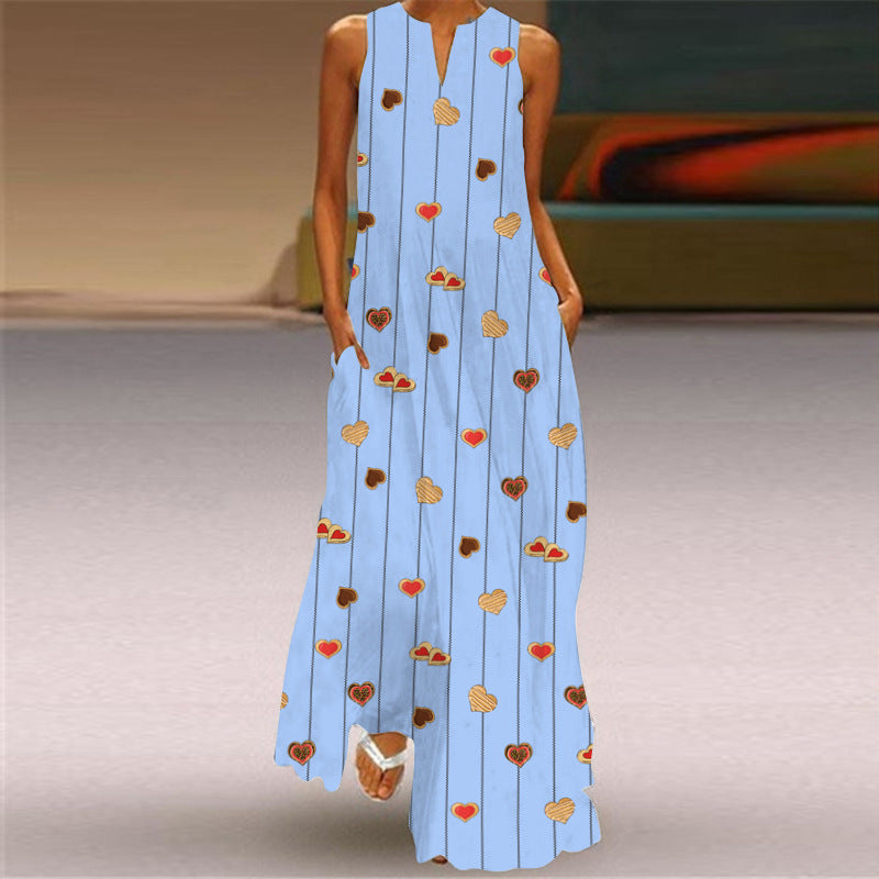 Sleeveless Split Neck Printed Maxi Sundress - Color_18