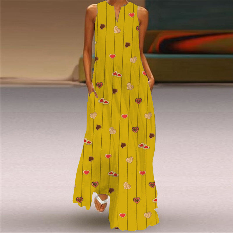 Sleeveless Split Neck Printed Maxi Sundress - Color_19